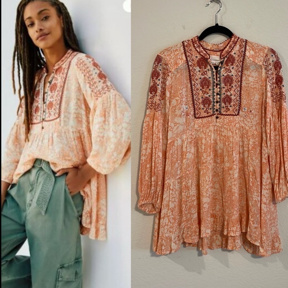 Anthropologie Womenโs Babydoll Tunic Top XS Orange Claudia Embroidered Bohemian